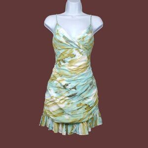 Angel Biba Womens Sleeveless Blue Green V-Neck Ruched Mini Dress Size S NWT